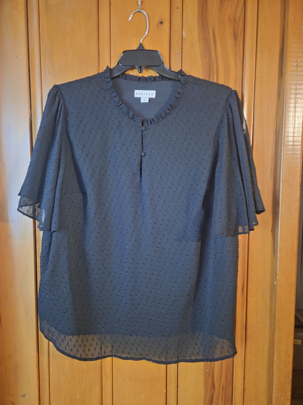 Ava & Viv Black Semi-Sheer Dot Flutter Sleeve Shirt
